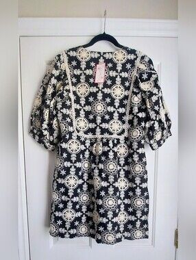 JOY JOY Black Dress with Cream Embroidered Floral Lace Dress